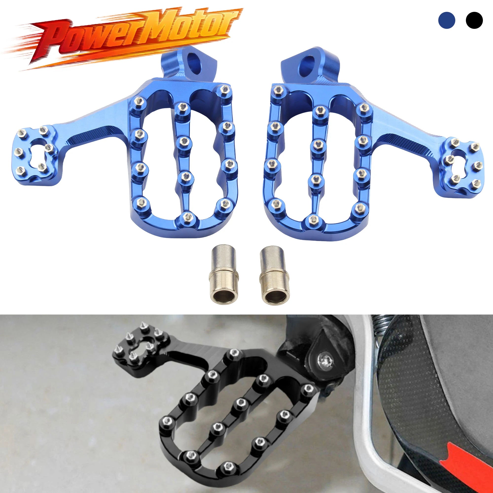 Universal CNC Oversized Off-Road Foot Pegs – Honda / Yamaha / Suzuki / KTM Dirt Pit Bike – Studded Billet Aluminum – Blue or Black – $55–$56