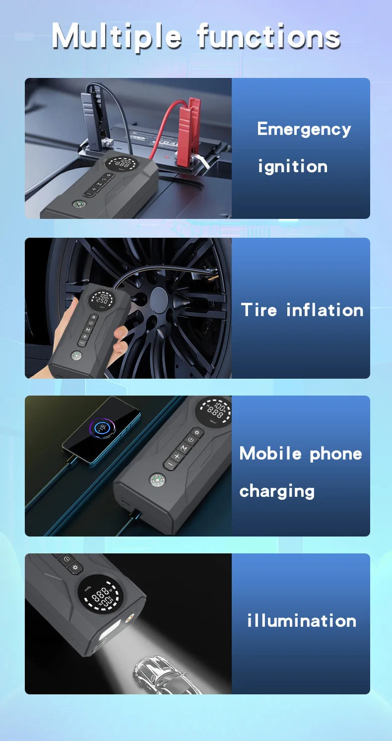 Portable 4-in-1 Car Jump Starter – 2000A Peak, 16000mAh Power Bank, Air Compressors & LED Light for Truck & Motorcycle