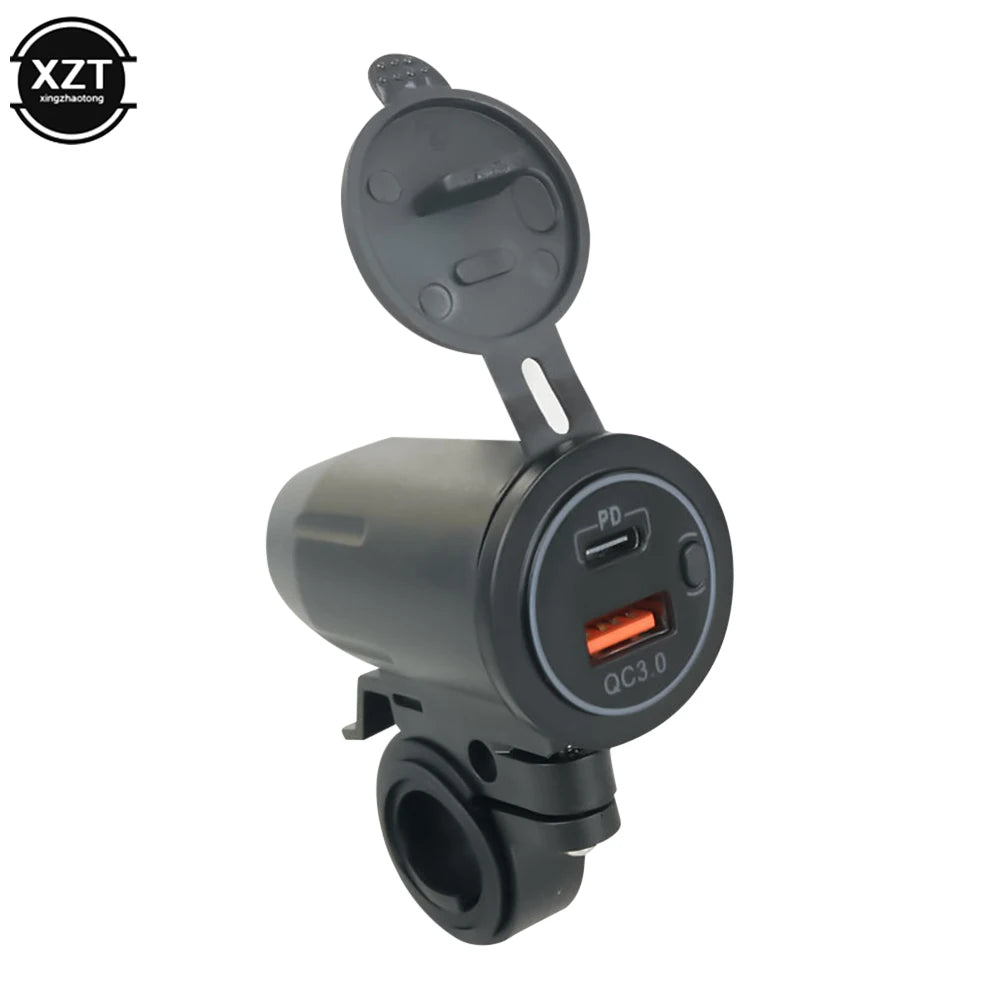 12–24V Motorcycle Dual USB Fast Charger – PD + QC3.0 Handlebar Charging Socket with Switch