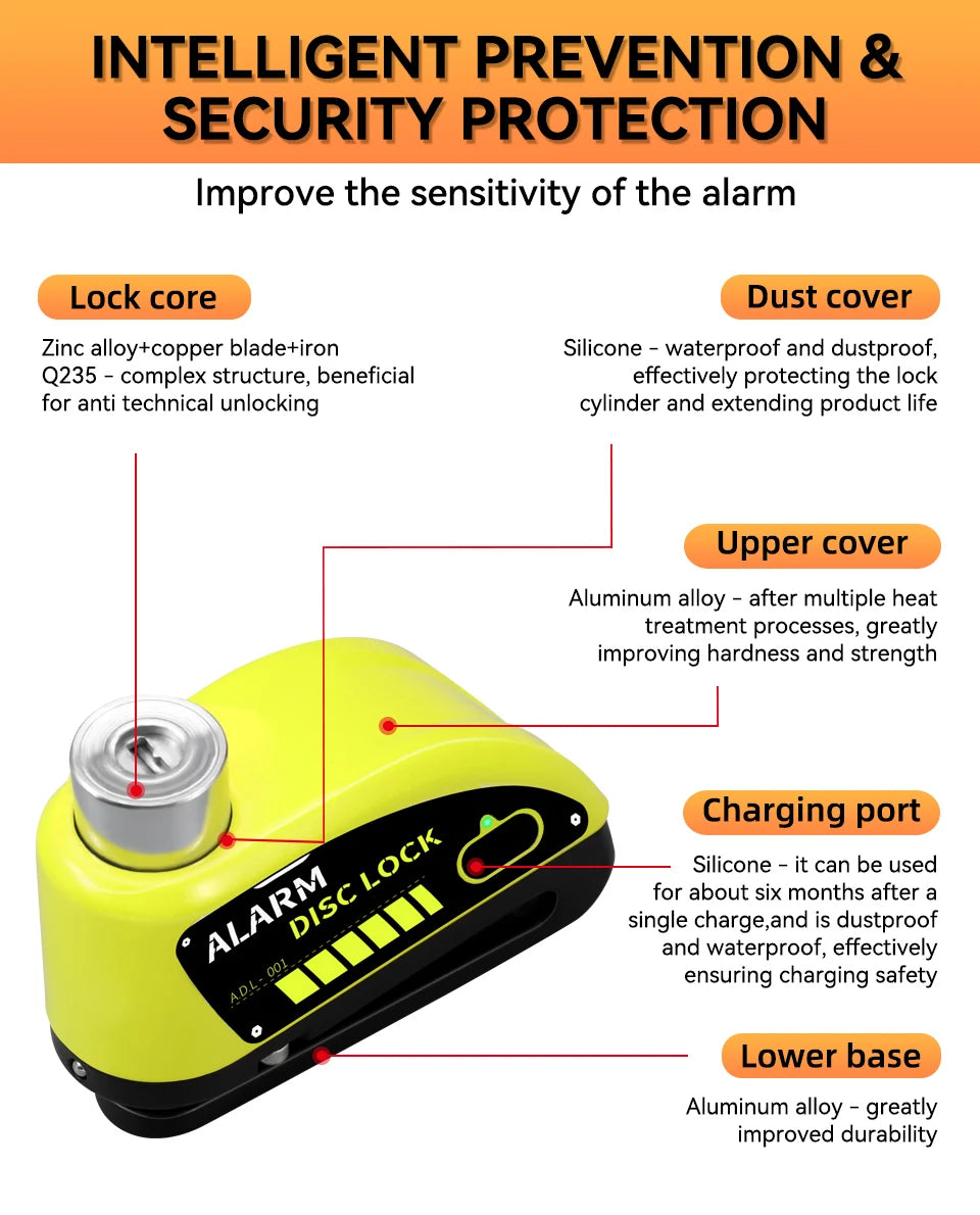 Extractme Motorcycle Alarm Disc Brake Lock Security Moto Wheel Disk Padlock Waterproof 120dB Anti-Theft – Fingerprint / Combination / Charging Style – USB-C – 7mm – With or Without Rope