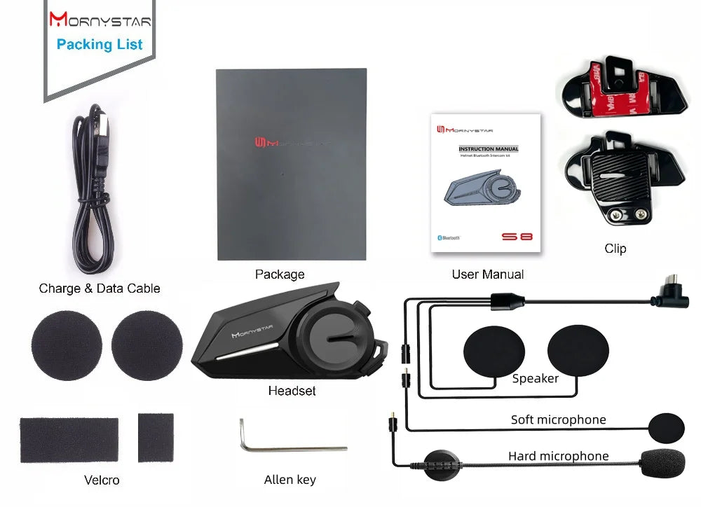 Mornystar S8 Motorcycle Bluetooth Intercom – 6-Rider Music Sharing