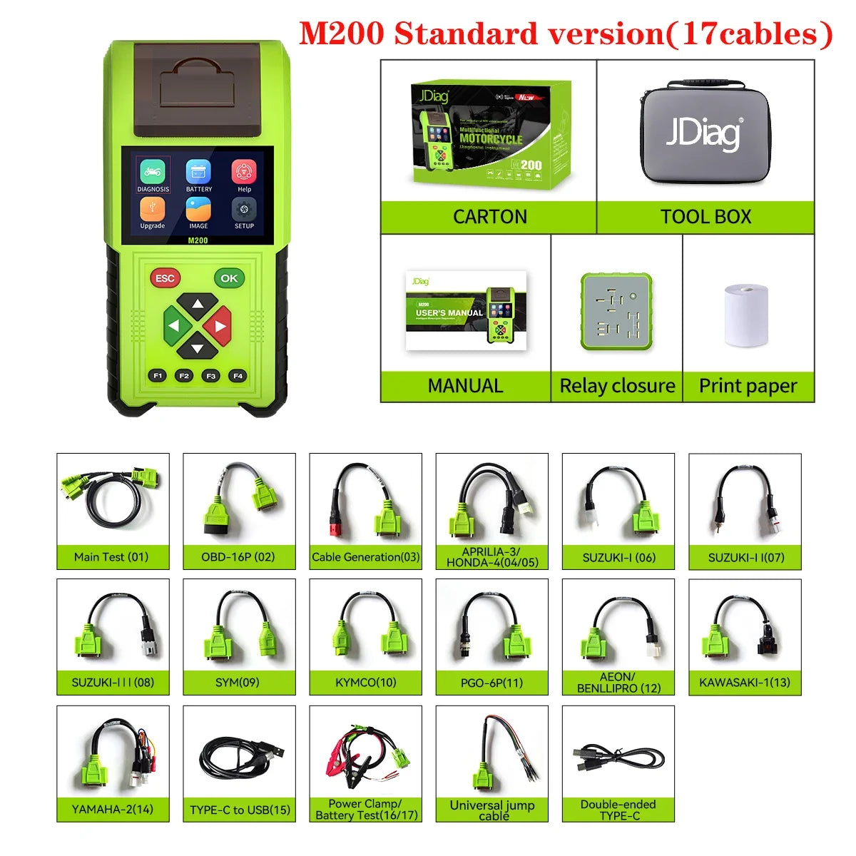 JDiag M200 Professional Motorcycle Diagnostic Scanner – Built-in Printer – 70+ Brands – Signal Simulator – Battery + Injector Test – $235–398