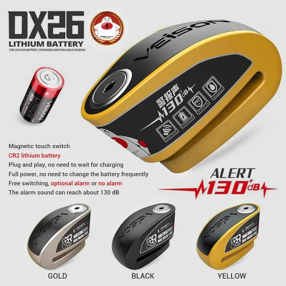 DX26 Motorcycle Waterproof Alarm Lock Bicycle Disc Lock Intelligent Controllable Alarm Disc Brake Lock Electric Car Lock – Stainless Steel – 0.5kg – Black Yellow Gold