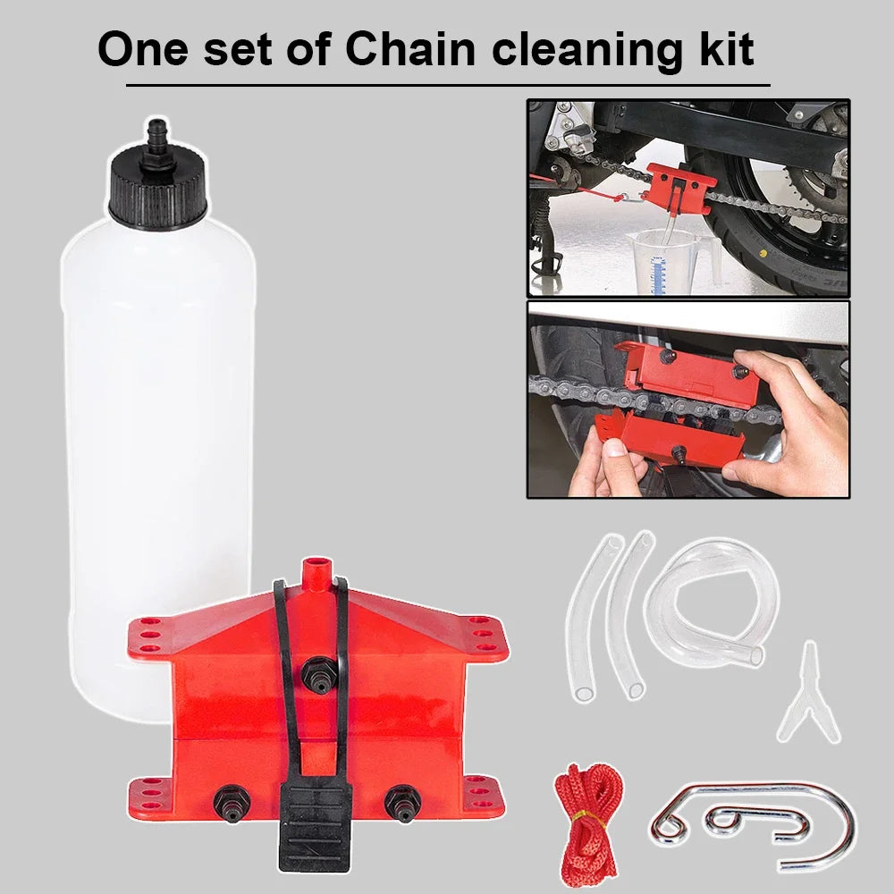 Motorcycle Chain Cleaning & Lube Device Kit – Brush Gear Cleaner & Lubricating Accessory – Blue / Black / Red – $50–52