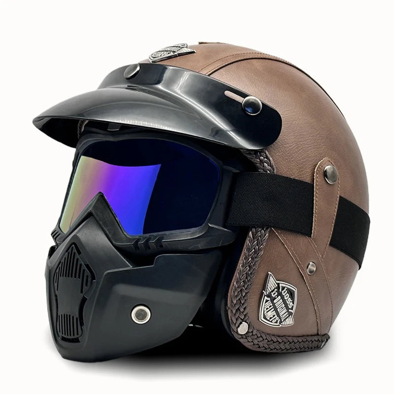 Open Face Helmets – Retro PU Leather Motorcycle Helmet, Vintage Cafe Racer Style, DOT & ECE Certified