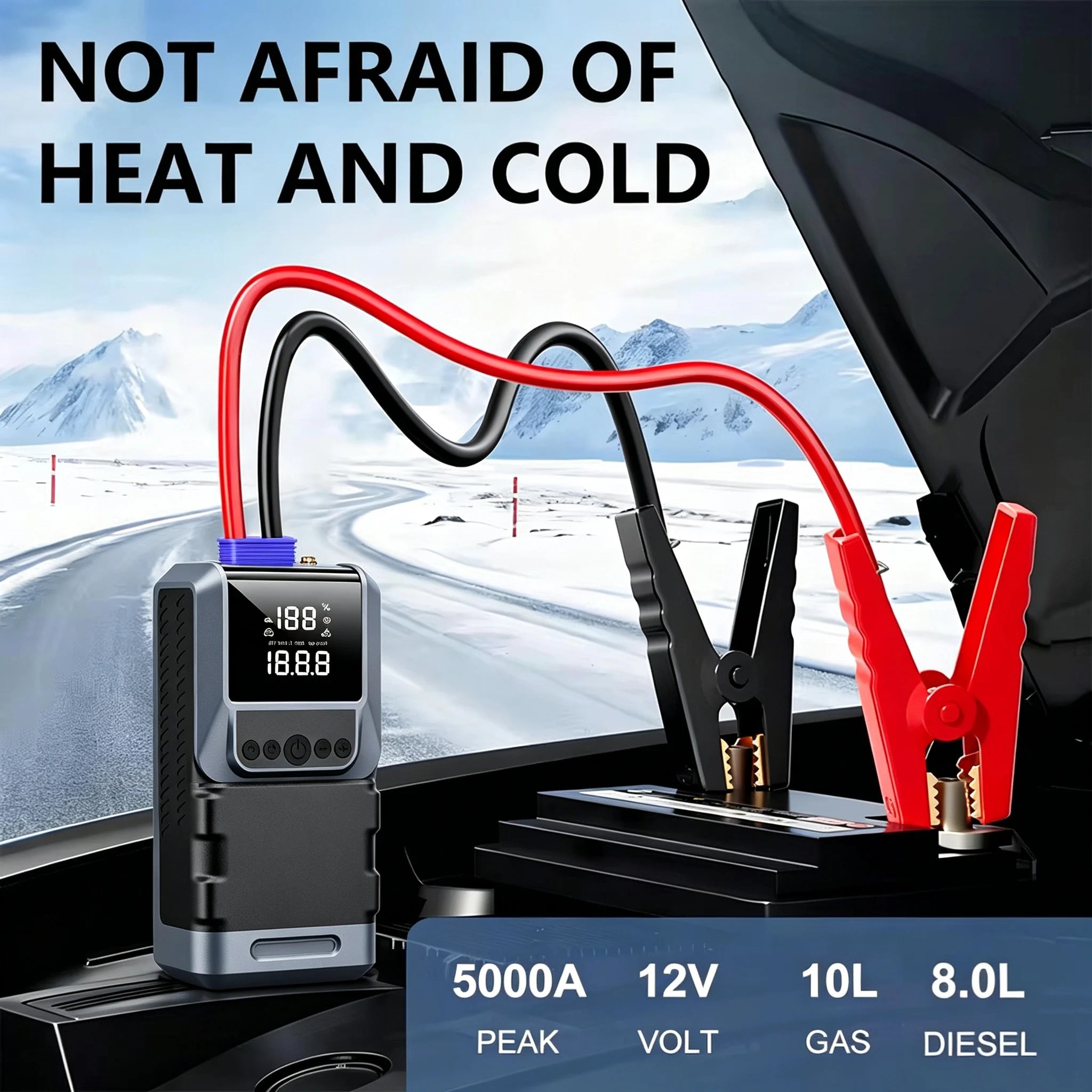 Rscrola CQS03 Motorcycle & Bike Jump Starter 5000A with 150PSI Air Compressor Auto Tyre Inflator Large LCD Display LED Light 12V