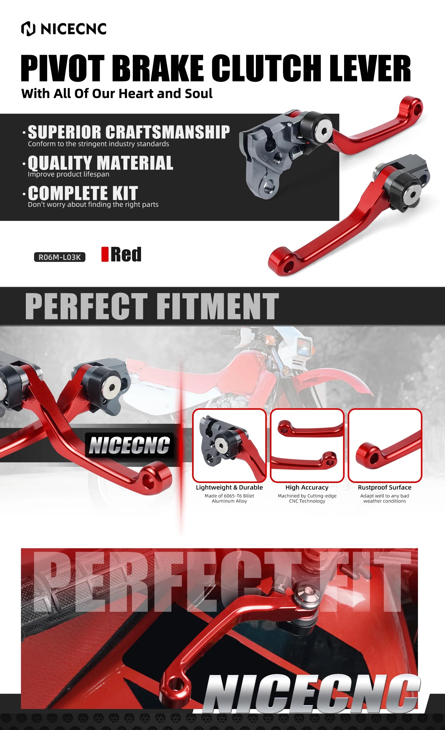Honda CRF150F / CRF230F 2003–2017 / CRF250F 2019–2021 NICECNC Pivot Brake & Clutch Lever Set – CNC Billet Aluminum – Black / Red – $30