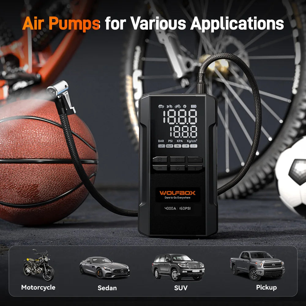 WOLFBOX JS24AIR Motorcycle Jump Starter 4000A with 160PSI Air Compressor 88.8Wh Portable Jump Box Tyre Inflator LED Light 12V (10L Gas / 10L Diesel)