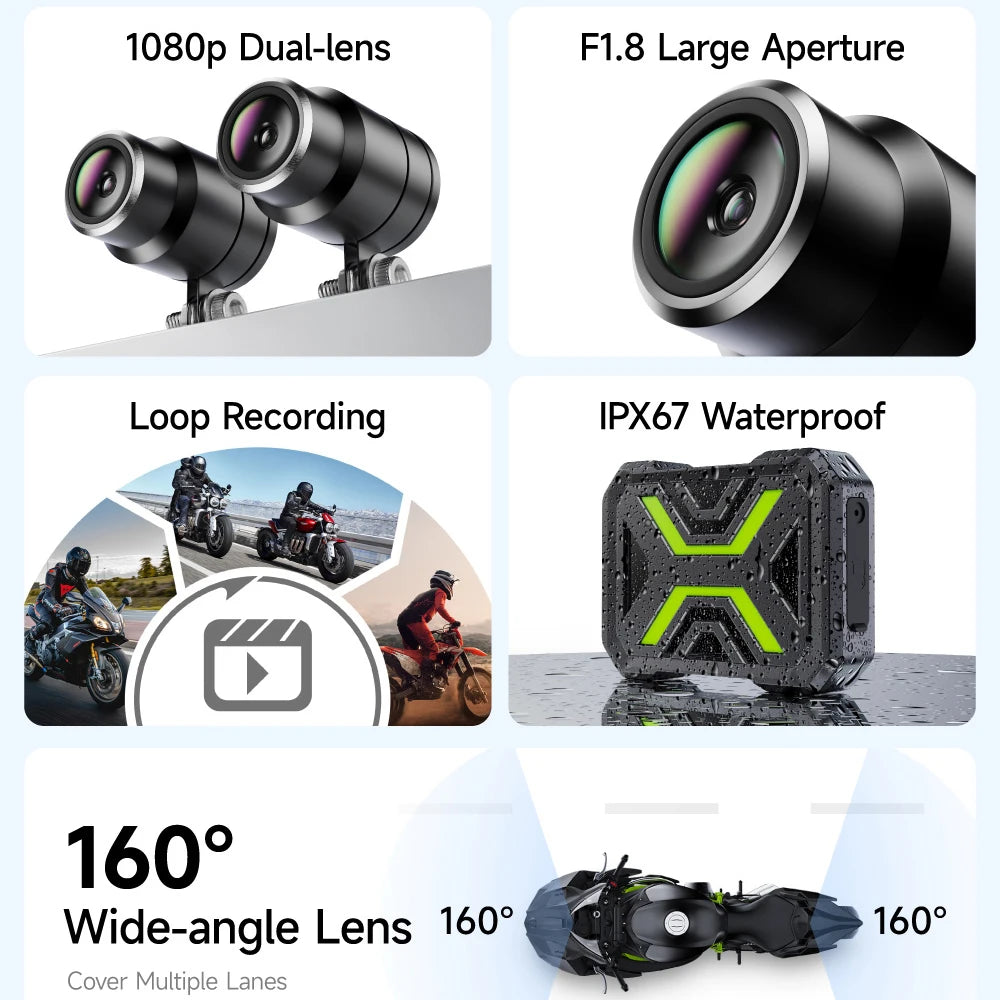 JIUYIN M802 Motorcycle Dash Cam Dual 1080P WiFi IPx67 Waterproof F1.8 Starlight Night Vision 160° Dual Image Stabilization Parking Monitor Front Rear Motorcycle Camera DVR