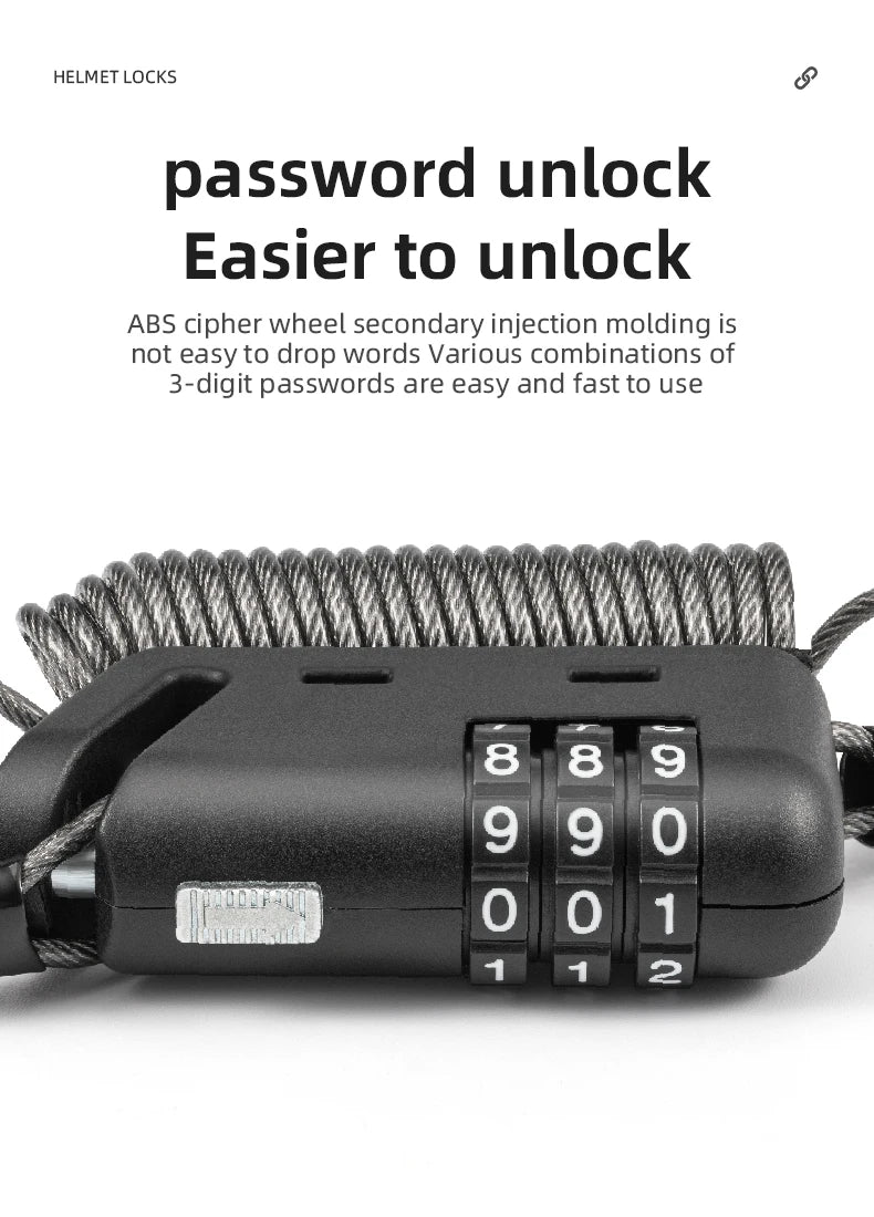 Rockbros Helmet Lock Anti-Theft Mini Bicycle Lock 3-Digit Password Lock Ultralight Flexible Bike Lock Motorcycle Helmet Lock – Model 907 1.5m PVC Steel Cable Two Ways to Use Black