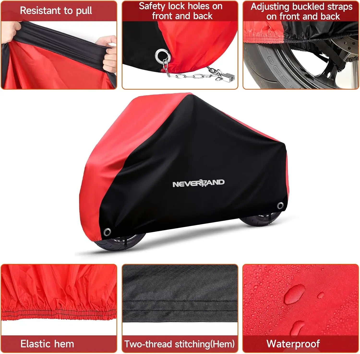 NEVERLAND Motorcycle Cover Waterproof Outdoor Heavy Duty with 2 Lock Holes All Season Indoor Outdoor Universal Motors Cover – 300D Oxford Cloth PU 1500Pa Red Adjustable Elastic Band 1 Year Warranty
