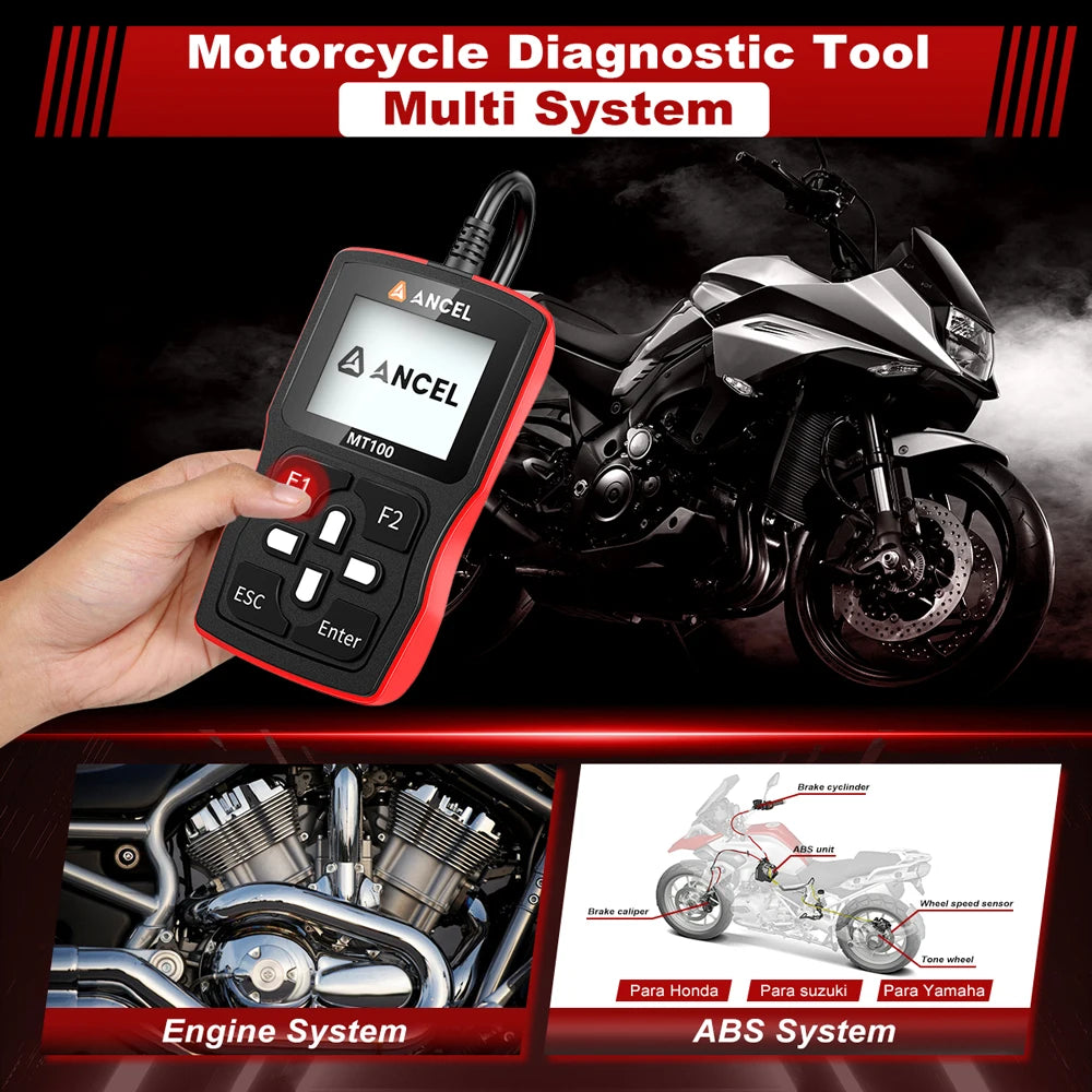 ANCEL MT100 Motorcycle OBD2 Scanner – Engine + ABS System – Yamaha Honda Suzuki – Wired Handheld – 2-Year Warranty – $138