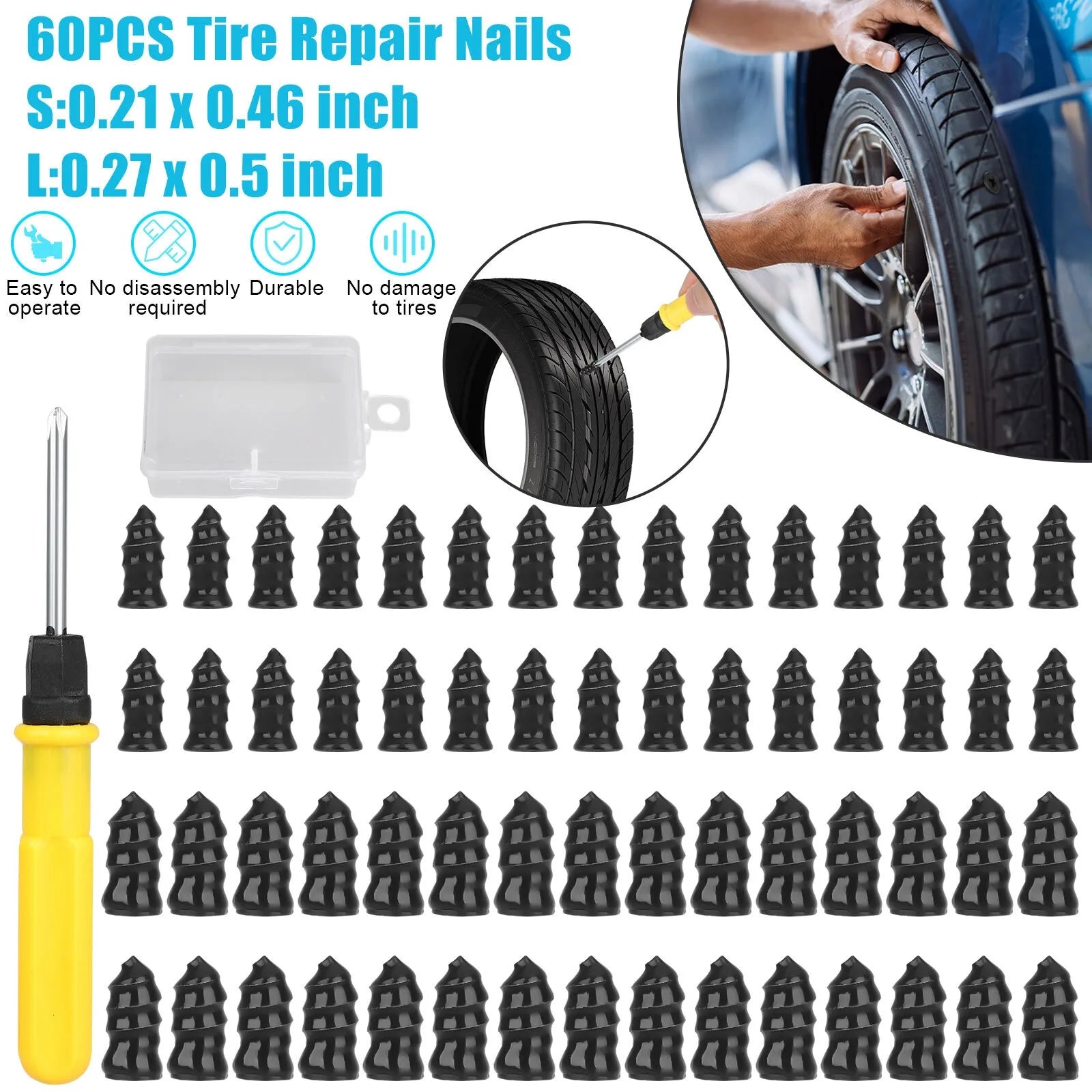 60pcs Rubber Screw Tire Repair Nails with Screwdriver and Storage Box – 2 Sizes – Car Motorcycle Truck Bike – $18