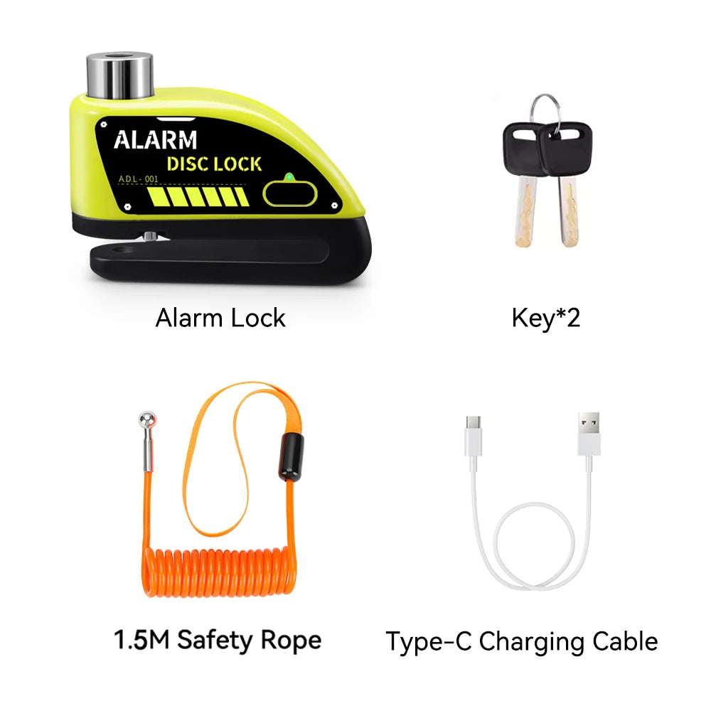 Extractme Motorcycle Alarm Disc Brake Lock Security Moto Wheel Disk Padlock Waterproof 120dB Anti-Theft – Fingerprint / Combination / Charging Style – USB-C – 7mm – With or Without Rope