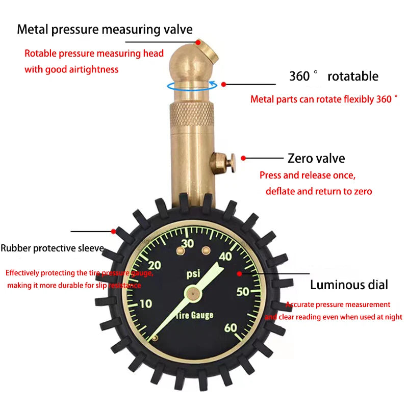 ATSafePro Tire Pressure Gauge – 0–60 PSI Heavy-Duty Tire Gauge with Glow Dial