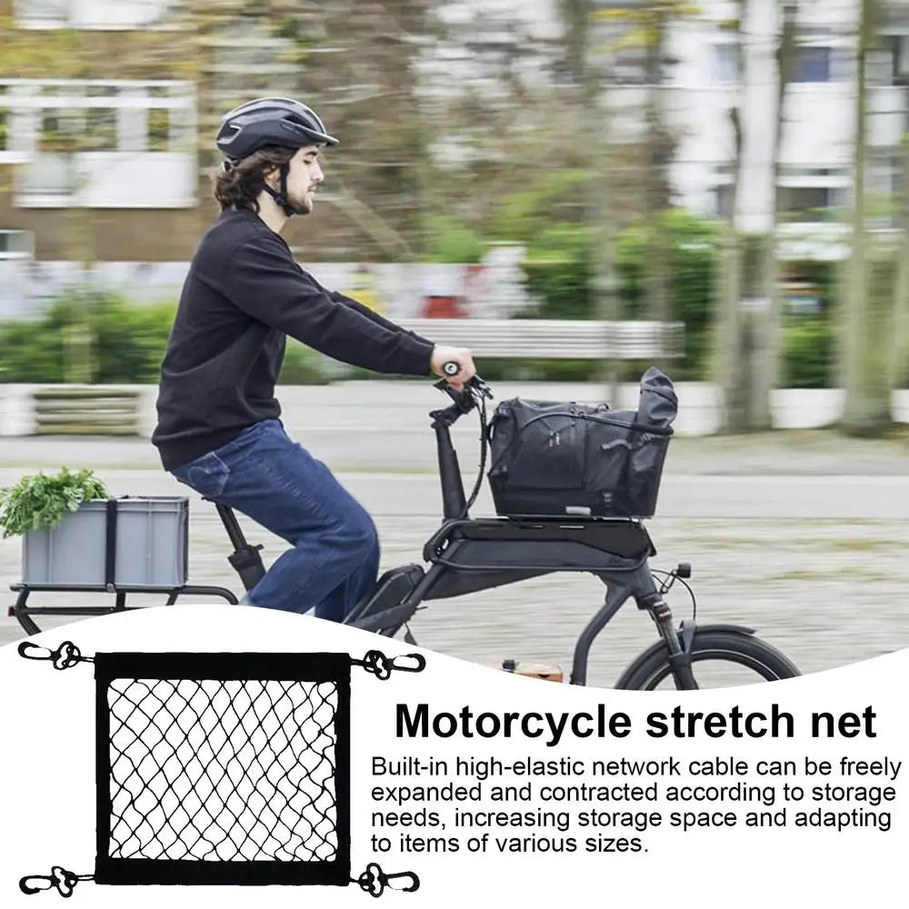 Motorcycle Net Cargo High Elastic Polyester Cargo Bungee Net with 4 Hooks Thickened Motorcycle Net Secure Easy Installation