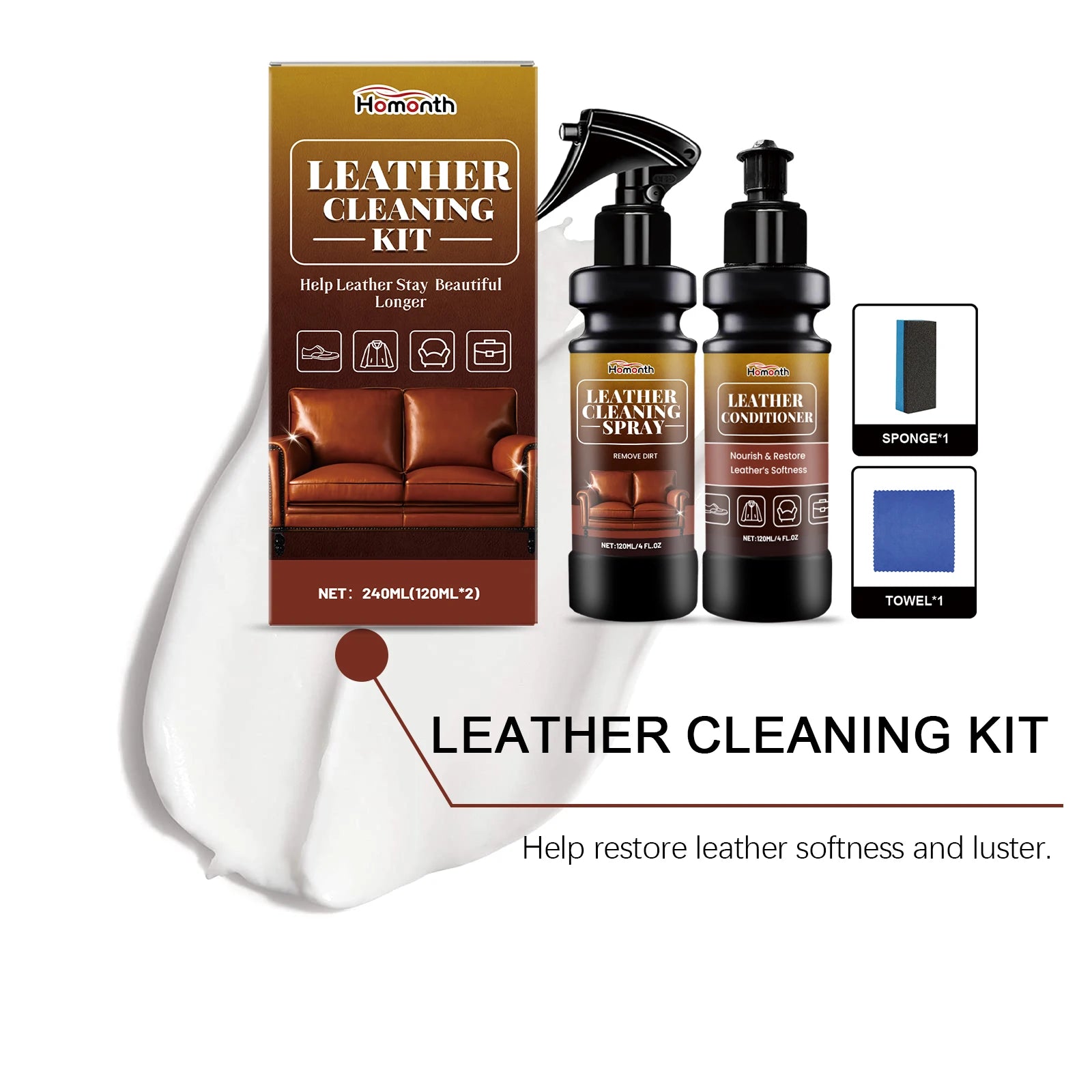 Homonth 2-in-1 Leather Cleaner & Conditioner Kit – Deep Spray + Nourishing Lotion – Car Seats Sofa Bags – Prevents Cracking – Sponge + Towel Included – $12–65