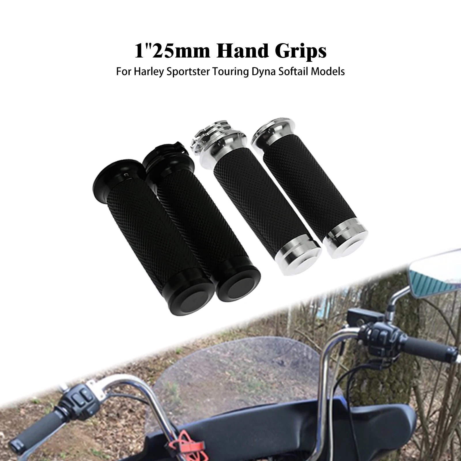 REWMTER Harley-Davidson Motorcycle Handlebar Grips 1" 25mm Aluminum Rubber Lining Hand Grips for Harley Sportster XL 883 1200 XR Touring Road King Dyna Softail V-Rod VRSC – Black / Chrome (1 Pair)