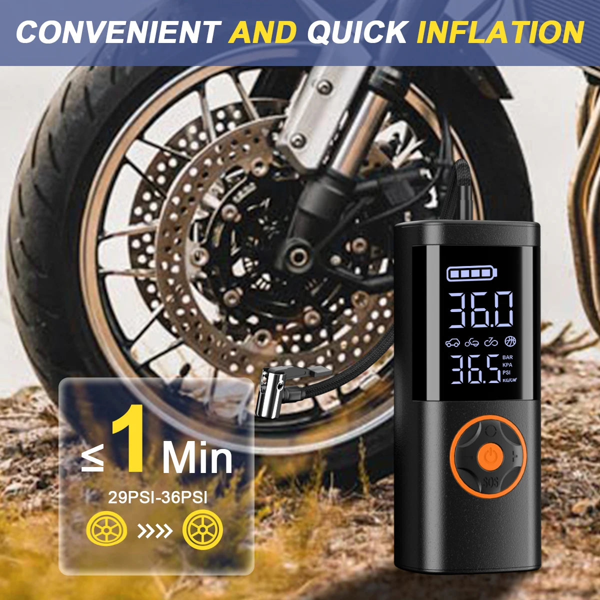 SERVOMASTER 7-in-1 Portable Jump Starter with Air Compressors – Multi-Pressure Inflator, LED Flashlight & Power Bank for Car, Motorcycle & Bicycle