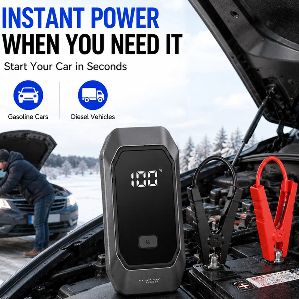 Vyvylabs 12000mAh Car Jump Starter – 1000A Peak 12V Portable Battery Booster Pack with Power Bank, LED Flashlight & Digital Display