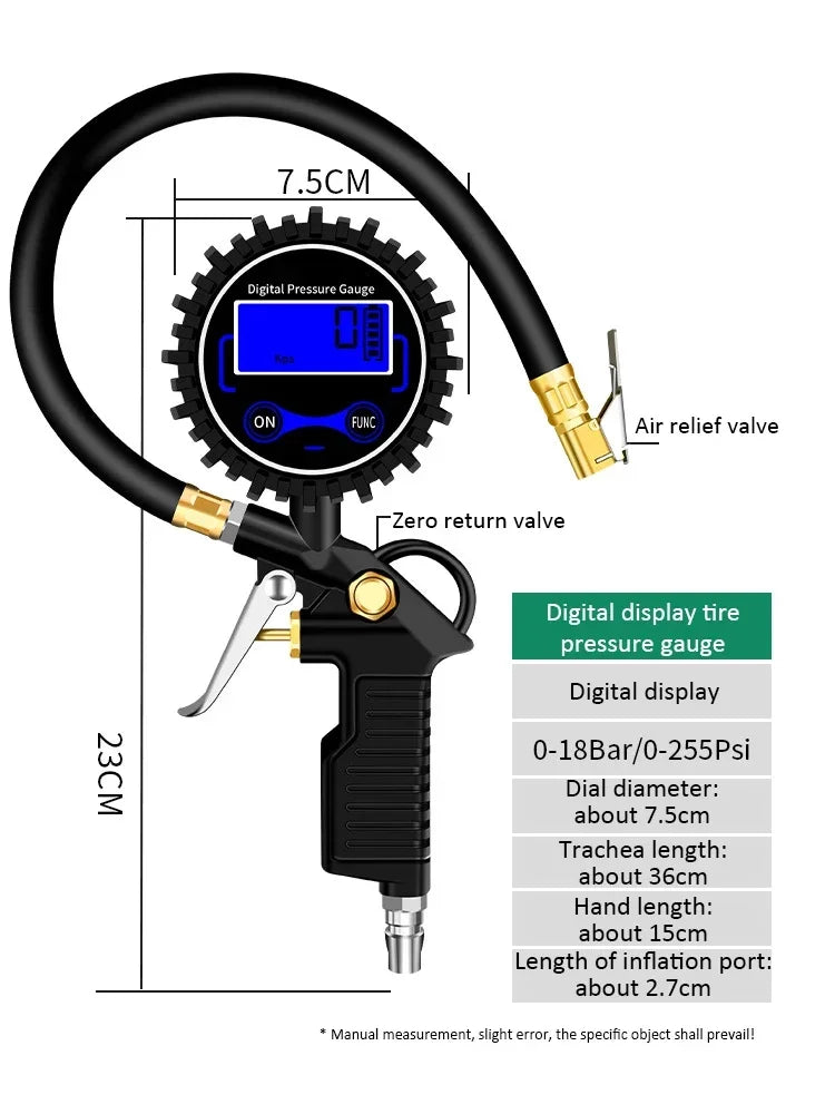 220 PSI Tire Pressure Gauge – Car, Truck & Motorcycle Tire Inflator with Flexible Hose