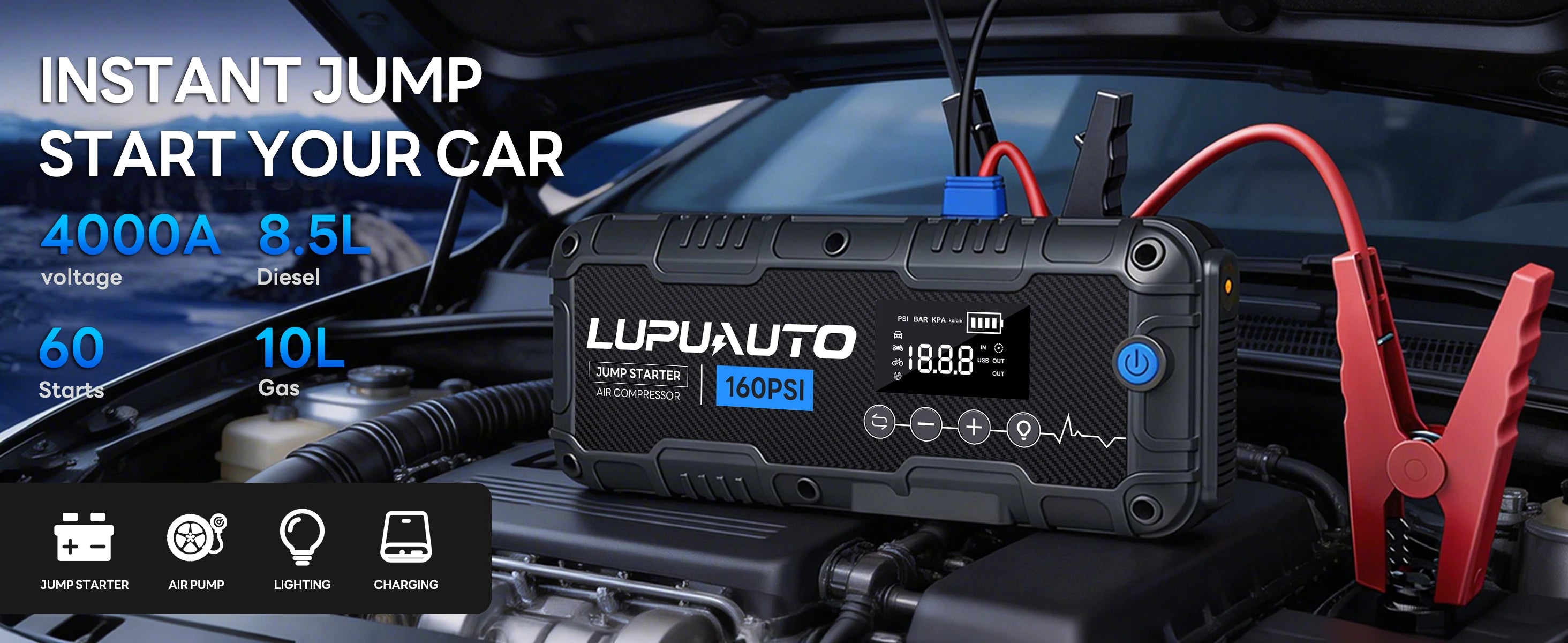 Motorcycle Jump Starter 7000A with Air Compressor 160PSI Tyre Inflator Portable Power Bank LED Flashlight Smart Cable 12V
