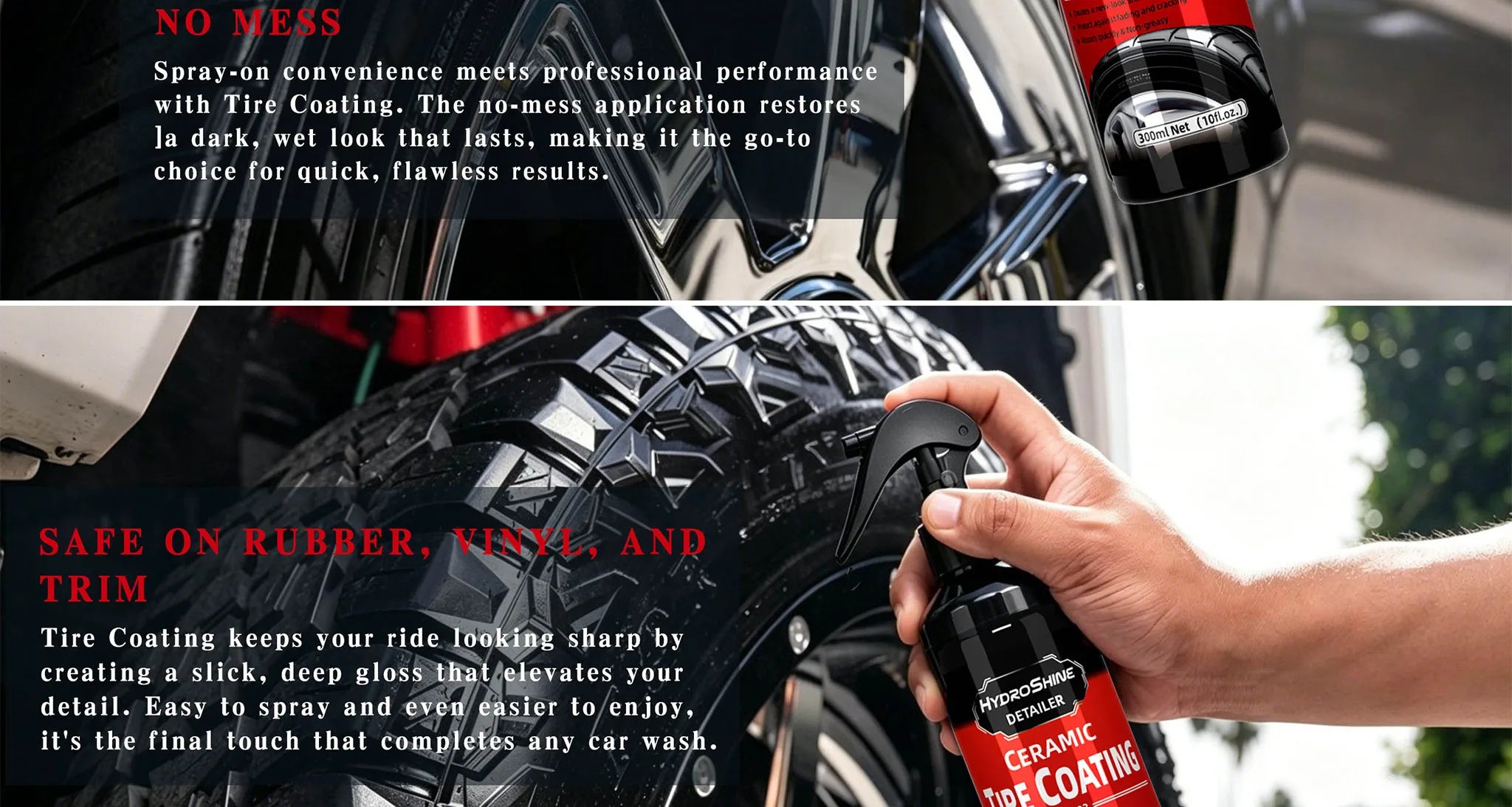 Hydroshine Ceramic Tire Coating Shine Spray – Tyre Gloss Plastic Rubber Restorer Hydrophobic Seal Wax – 50ml / 100ml / 300ml – $16–40