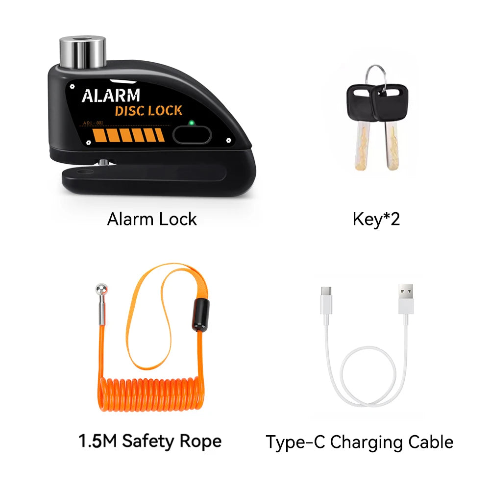 Extractme Motorcycle Alarm Disc Brake Lock Security Moto Wheel Disk Padlock Waterproof 120dB Anti-Theft – Fingerprint / Combination / Charging Style – USB-C – 7mm – With or Without Rope