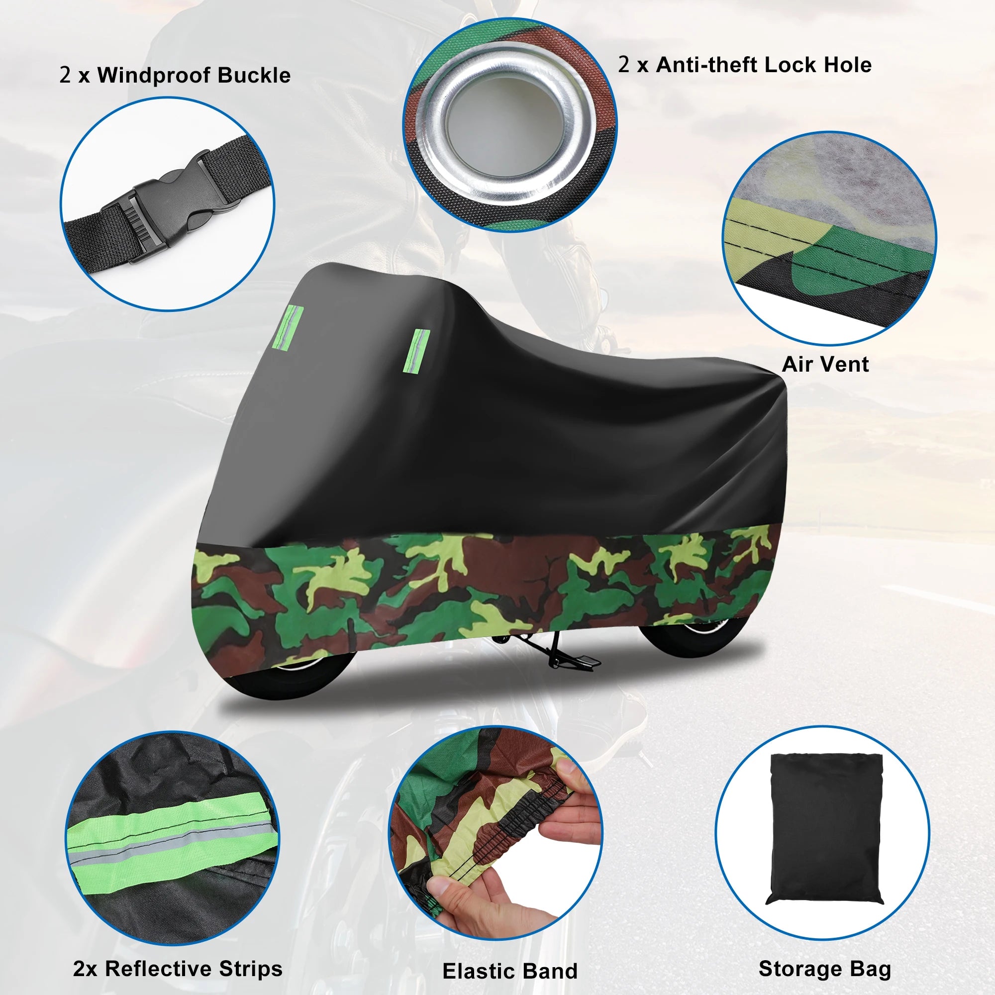 UXCELL Waterproof Camouflage Motorcycle Cover M-XXXXL Outdoor Full Coverage Rain Dust Resistant Motorbike Protective Cover – Fleece Waterproof Cloth 4 Reflective Strips 2 Lock-Holes Universal Fit