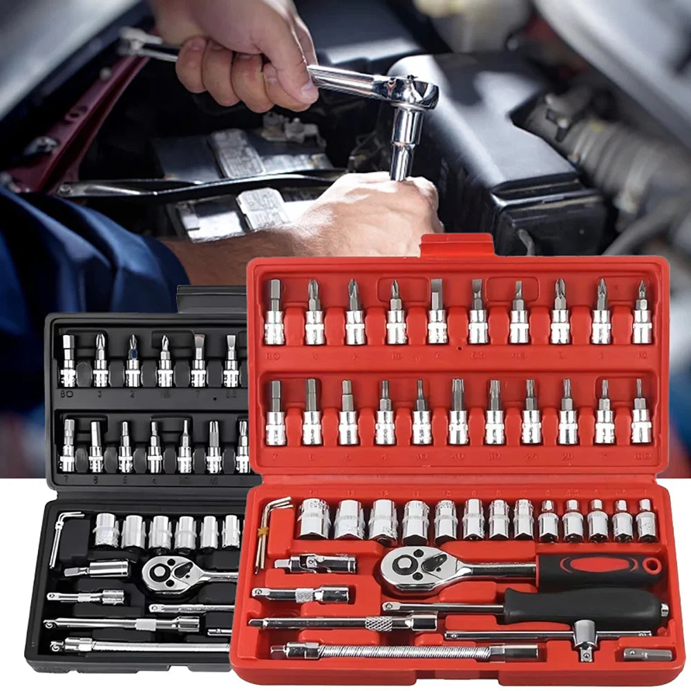 46-Piece 1/4" Drive Socket Ratchet Wrench Set – Chromium Vanadium Steel – Motorcycle / Car / Bicycle Repair – Red / Green / Black – from $27