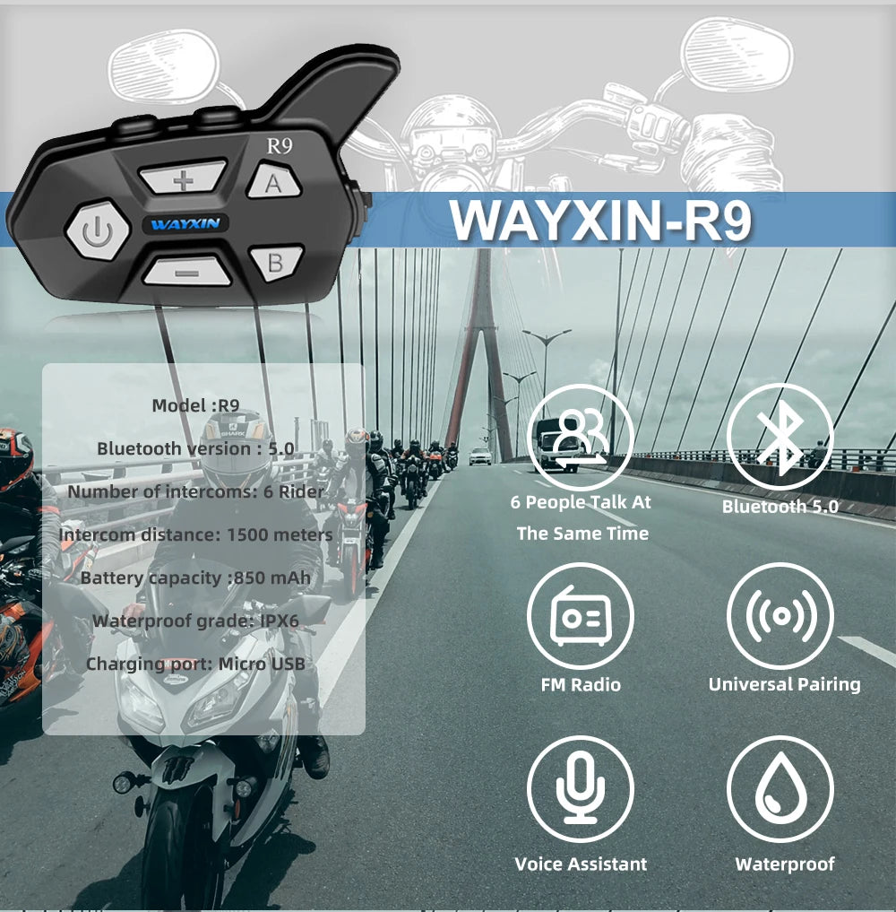 WAYXIN R9 Motorcycle Bluetooth Intercom – 6-Rider 1500m