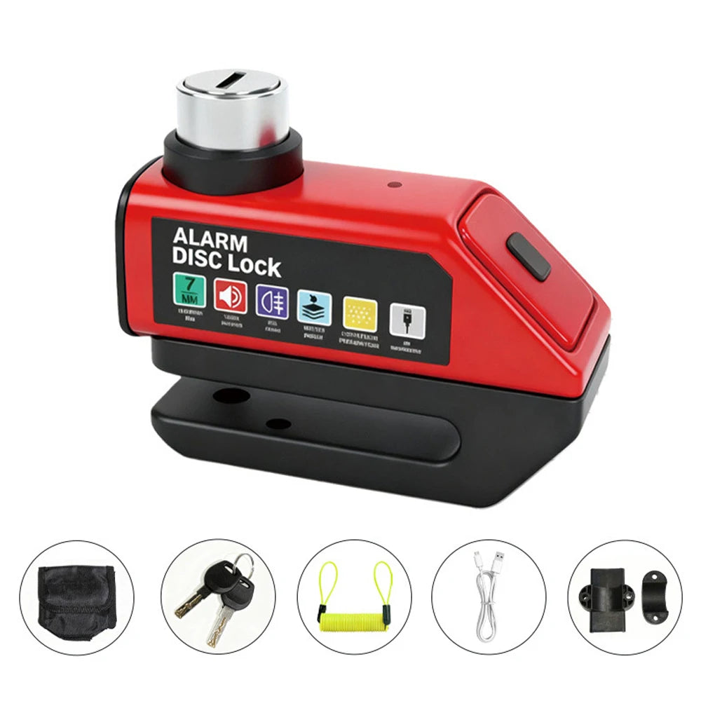 MDUG Motorcycle Alarm Disc Brake Lock 120dB Loud Anti-Theft Security Moto Wheel Disk Padlock Waterproof USB Rechargeable LED Light Bracket – IPX6 – Solo or Set – Blue Red Orange Yellow Black