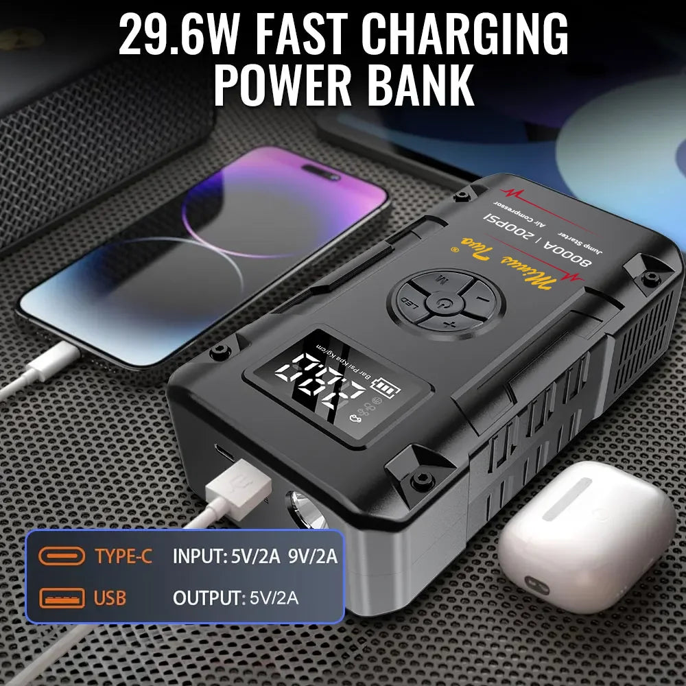 Motorcycle Jump Starter 8000A with 200PSI Air Compressor 4-in-1 Portable Power Bank Tyre Inflator Motorcycle Battery Booster Starting Device