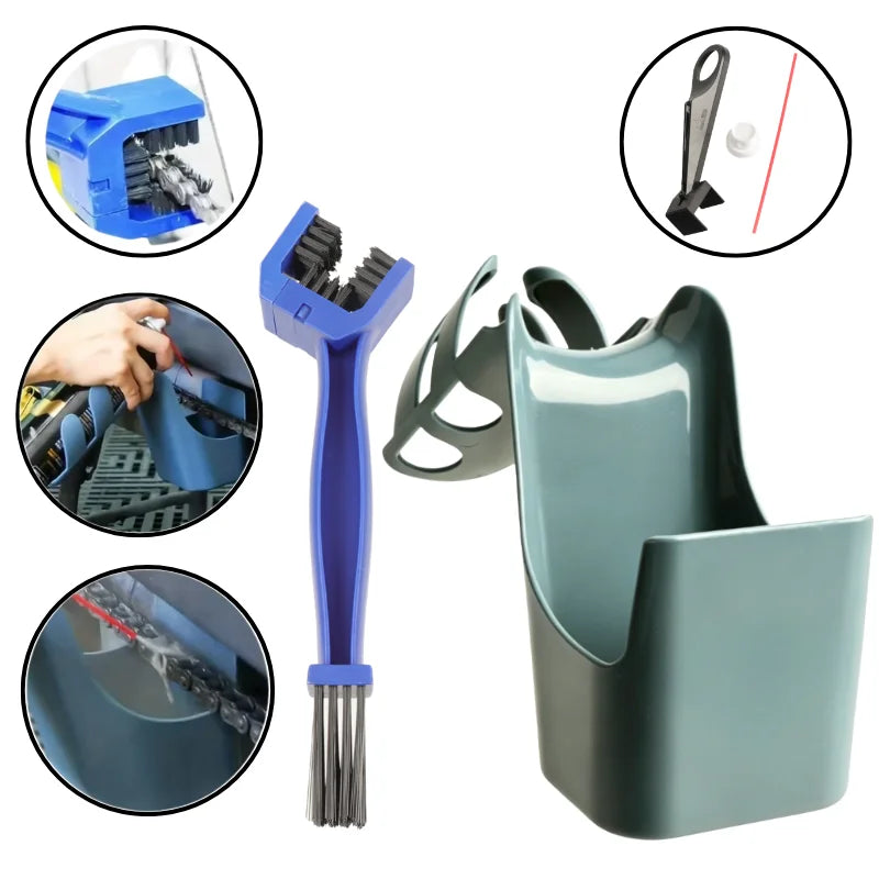 Chain Oil Storage Box & Brush Kit – Motorcycle & Bicycle Chain Cleaning Maintenance Organizer – Black / Blue / Orange – $18