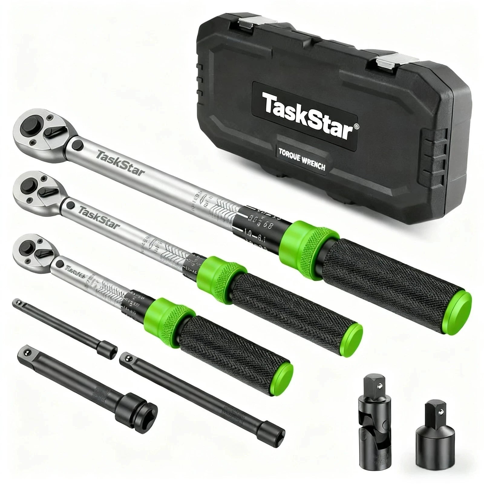 TaskStar 8-in-1 Click Torque Wrench Set – 1/4” + 3/8” + 1/2” – 72-Tooth – ±3% Accuracy – 5 Adapters + Case – $108