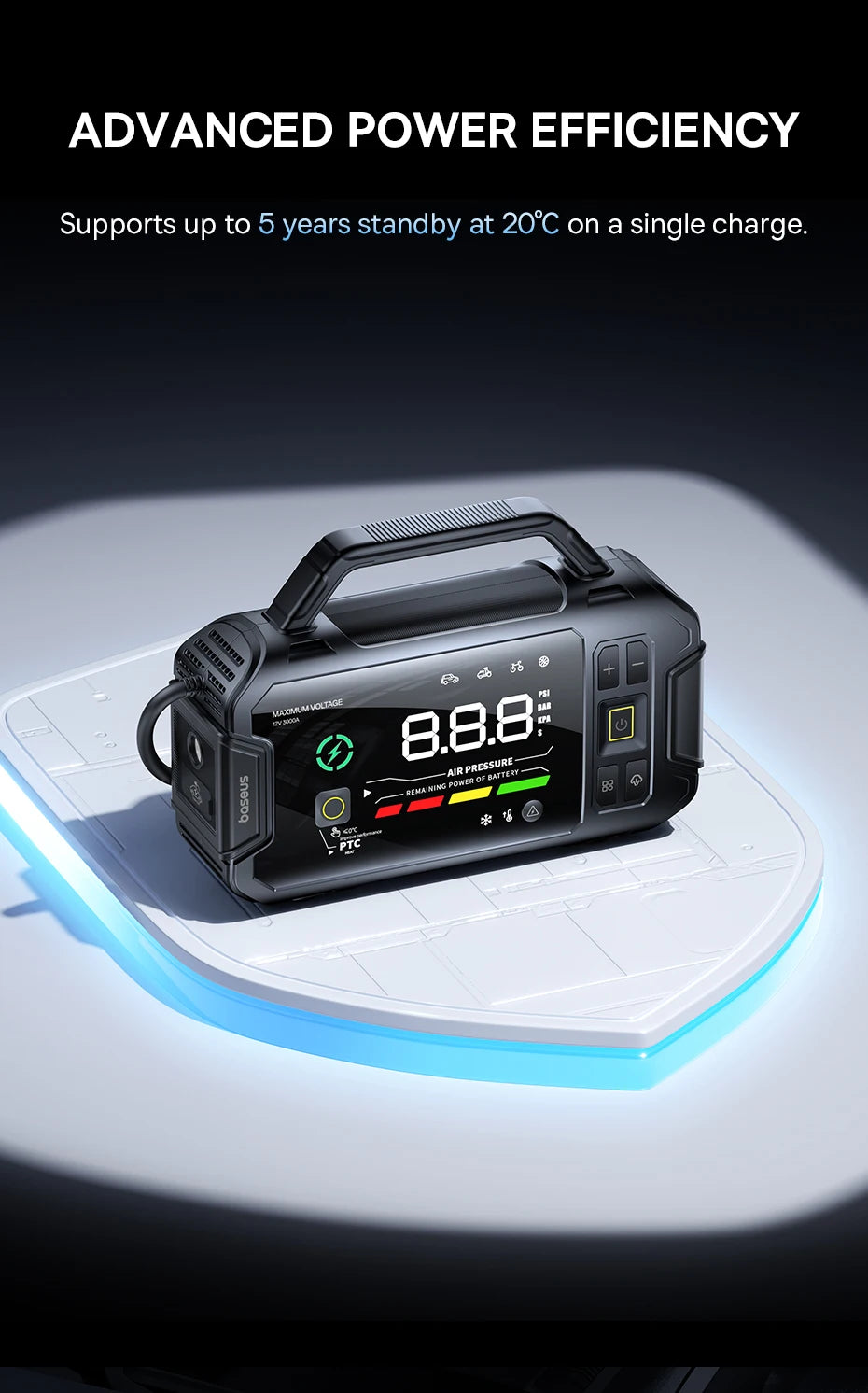 Baseus PrimeTrip VJ1 Motorcycle Jump Starter 3000A 4-in-1 with 150PSI Air Compressor 21600mAh Power Bank Patented PTC Heating LED Light