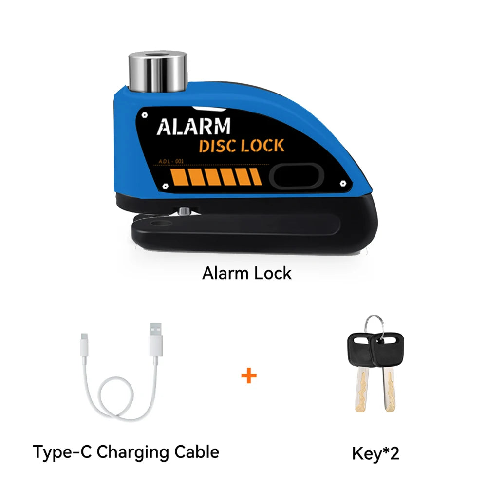 Extractme Motorcycle Alarm Disc Brake Lock 120dB Bicycle Wheel Disk Padlock Security Anti-Theft Lock Scooter – USB-C Rechargeable – 7mm – With or Without Rope – Red Black Blue Green Yellow