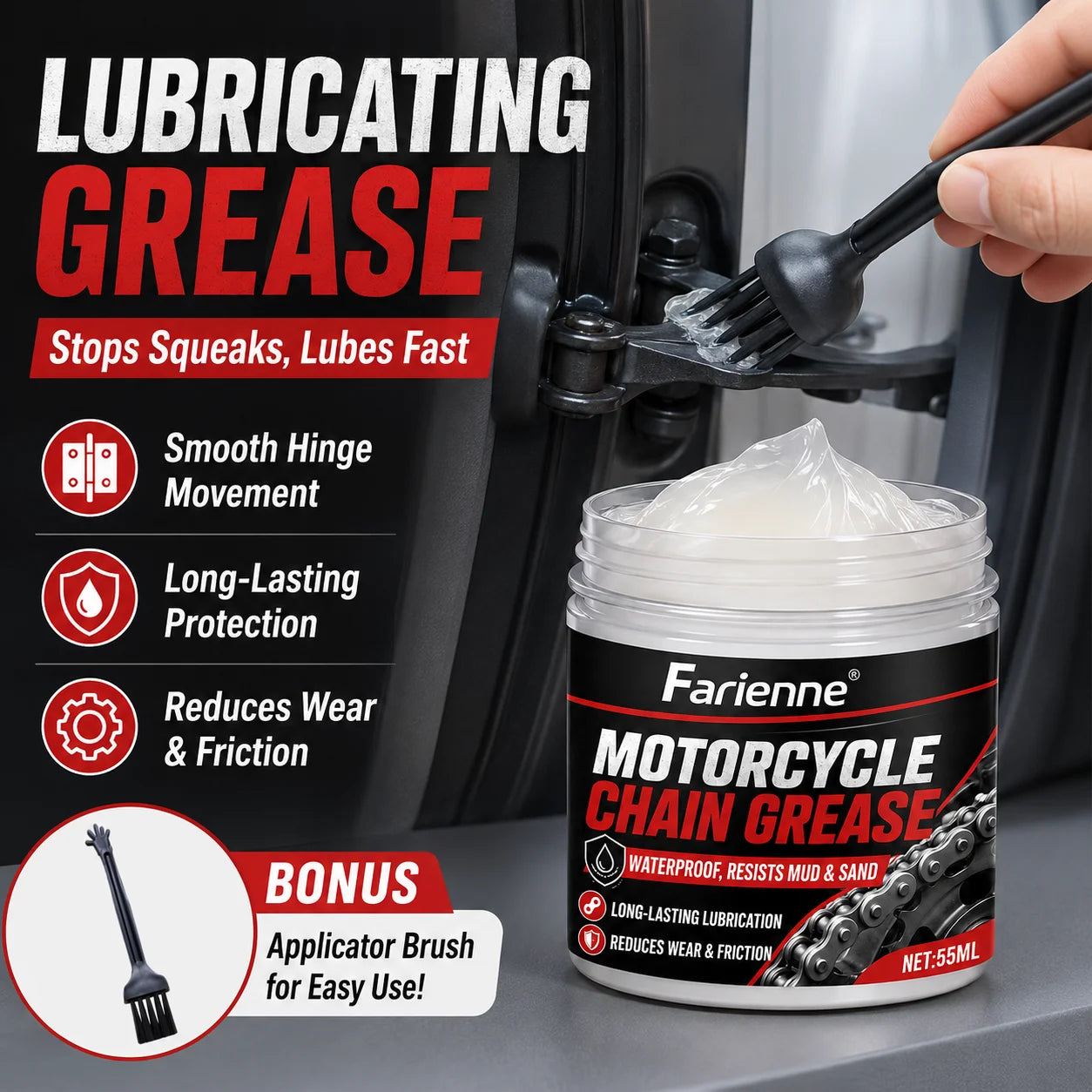 Motorcycle Chain Grease Waterproof Lubricant 55ml with Brush – Bike Chain Car Door Hinge Lock Sunroof Seat Rail – 1PC / 2PCS – $12–16