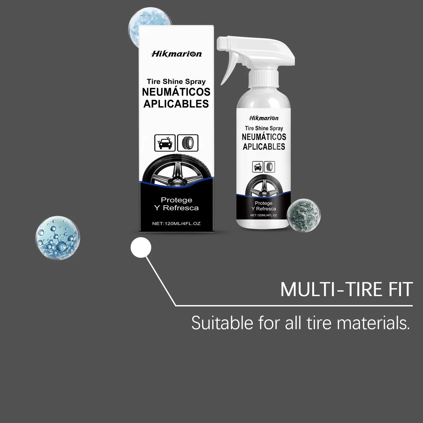 Water-Based Tire Gloss Spray 120ml – Non-Greasy UV Protection Matte to Gloss Finish for Black Tires – 1–10 Bottles – $16–76