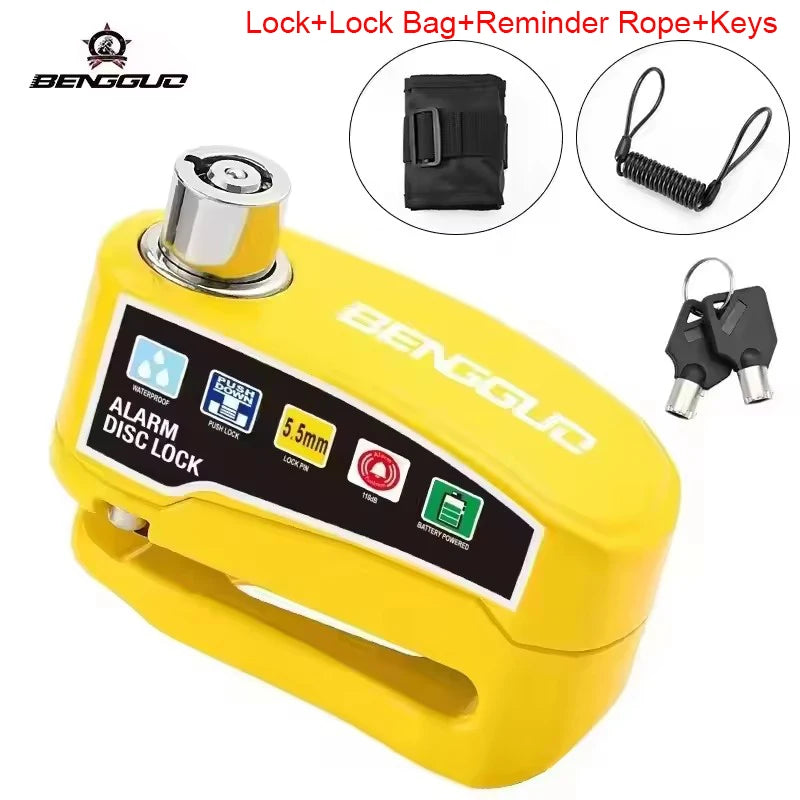 Motorcycle Alarm Disc Lock Anti-Theft 110dB Waterproof Motorcycle Disc Brake Lock Aluminum Alloy for Scooter Bike Motor Parts – Vibration Alarm – Replaceable Battery – Lock Only / 4pcs Set / With Bag – Red Black Yellow