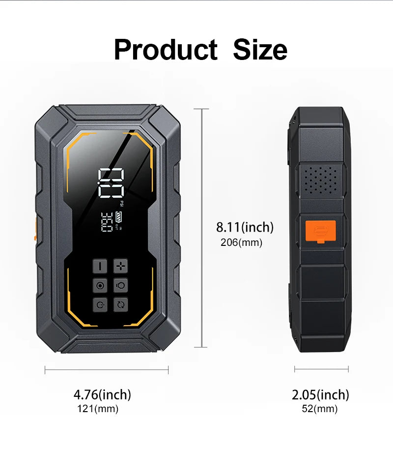 Motorcycle Jump Starter with Air Compressor 150PSI Tyre Inflator 4-in-1 Emergency Battery Booster Power Bank LED Flashlight 12V