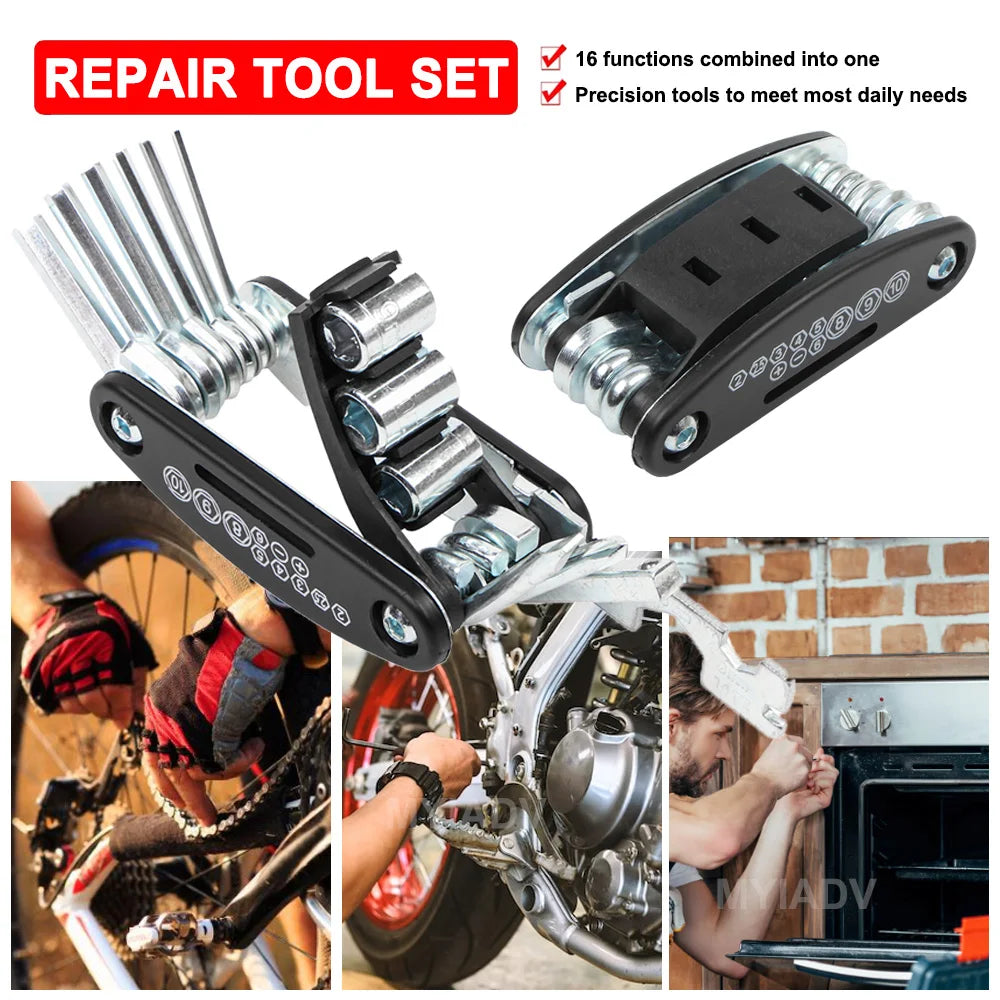 RVICHMOTO 16-in-1 Motorcycle Multi-Tool Kit – Allen + Socket + Flat Wrench + Screwdriver + Spoke Tool + Extension Rod – $20