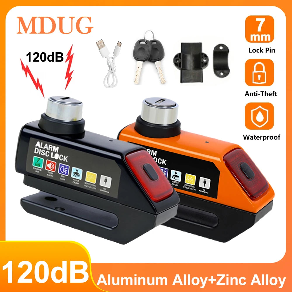 MDUG Motorcycle Alarm Disc Brake Lock 120dB Loud Anti-Theft Security Moto Wheel Disk Padlock Waterproof USB Rechargeable LED Light Bracket – IPX6 – Solo or Set – Blue Red Orange Yellow Black