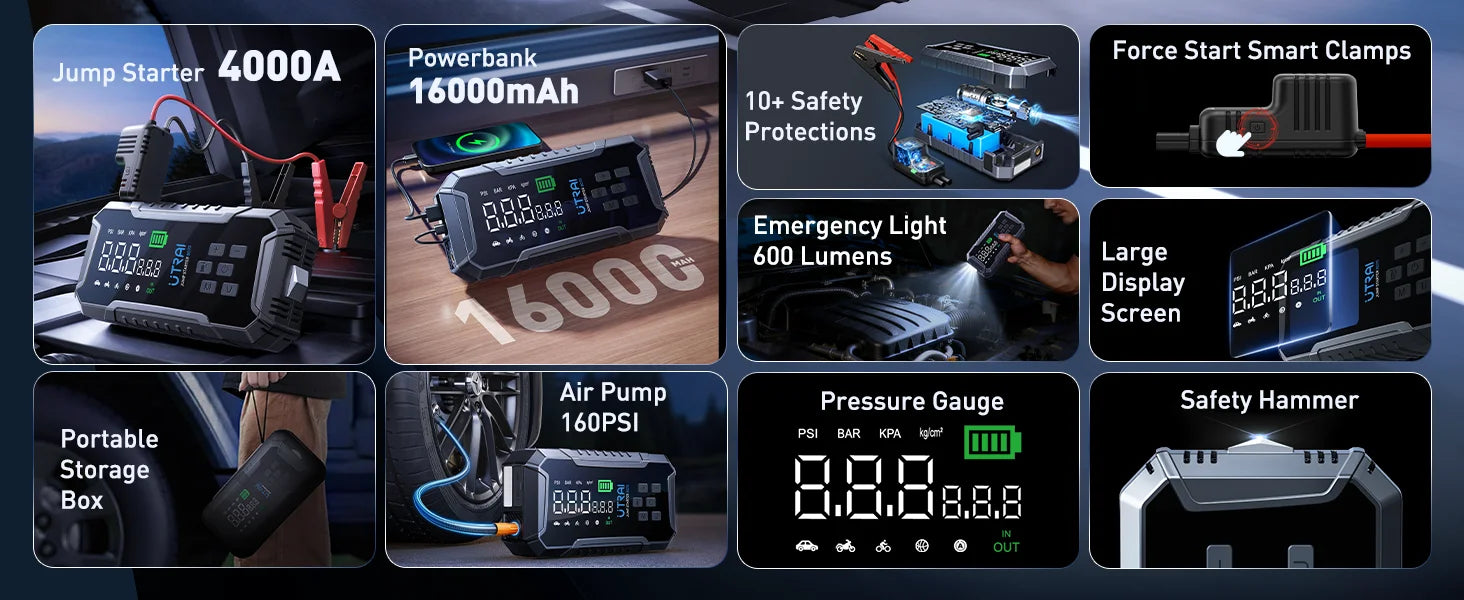 UTRAI BD70 Motorcycle Jump Starter 4000A with 160PSI Air Compressor 16000mAh Portable Power Bank Emergency Battery Booster Starting Device