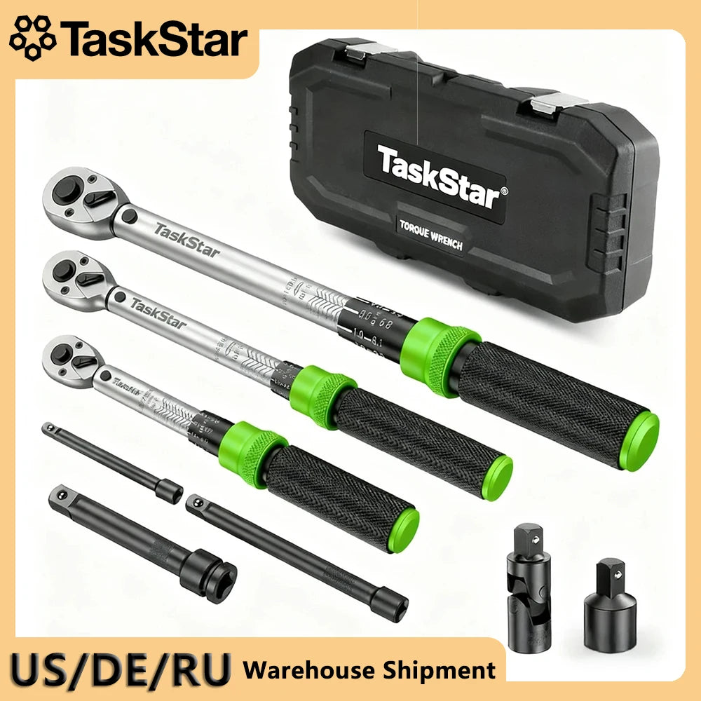 TaskStar 8-in-1 Click Torque Wrench Set – 1/4” + 3/8” + 1/2” – 72-Tooth – ±3% Accuracy – 5 Adapters + Case – $108