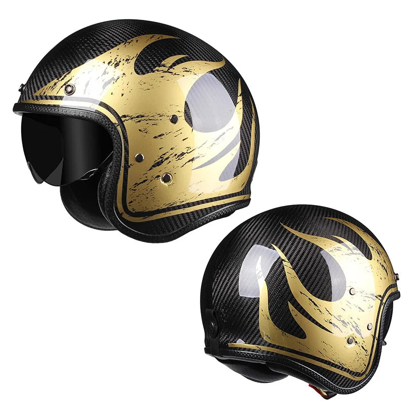 Carbon Fiber Helmets – Genuine Carbon Fiber 3/4 Open Face Motorcycle Helmet, Retro Cafe Racer with Inner Visor