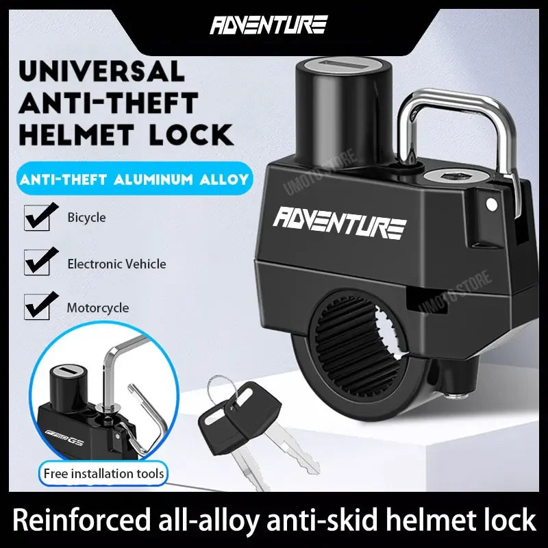 Set Helmet Motorcycle Anti-Theft Lock for Adventure Universal Metal Lock Handlebar Mountable Fits E-Bikes Scooters Bicycles – Aluminum Alloy Waterproof Rust-Proof Black