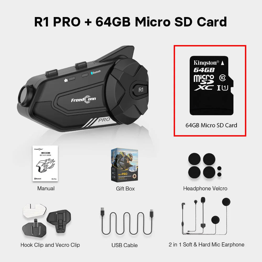 FREEDCONN R1 Pro Motorcycle Bluetooth Intercom – 6-Rider 2K Dash Cam