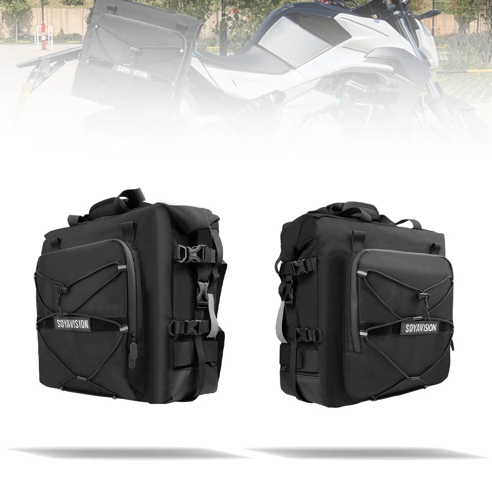 SOYAVISION Motorcycle Saddlebag Waterproof Side Bag 20L 500D Polyester Travel Motorbike Luggage Rear Seat Bag for BMW R1200GS ADV Kawasaki Yamaha Honda Suzuki – Black (1PC / 2PC)