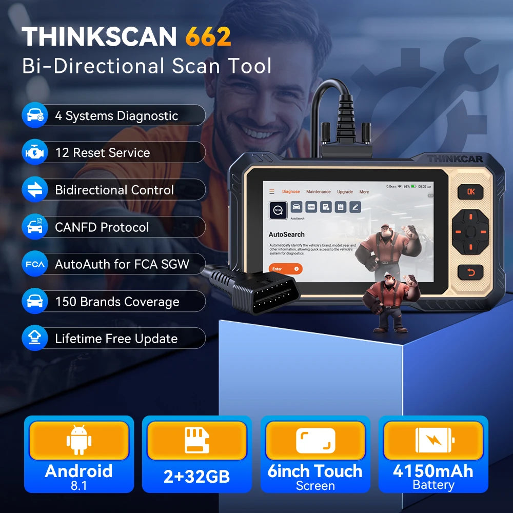 THINKCAR ThinkScan 662 Bi-Directional OBD2 Scanner – 12 Resets + CAN FD + FCA SGW – 153+ Brands – Lifetime Free Update – $300